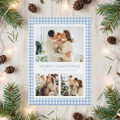 Blauw Gingham Kerst Foto Feestdagenkaart
