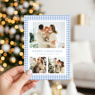 Blauw Gingham Kerst Foto Feestdagenkaart
