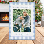 Blauw Gingham Kerst Foto Feestdagenkaart