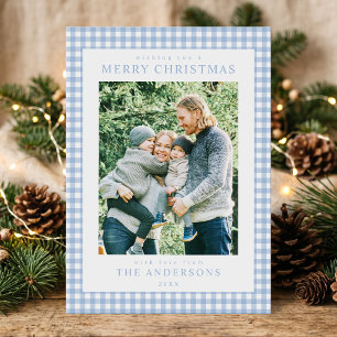 Blauw Gingham Kerst Foto Feestdagenkaart