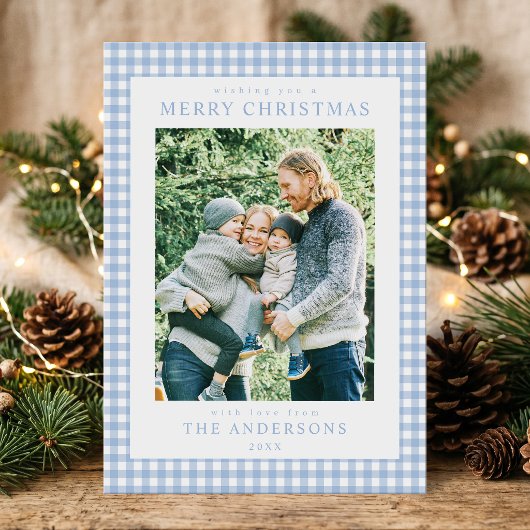 Blauw Gingham Kerst Foto Feestdagenkaart