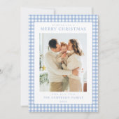 Blauw Gingham Kerst Foto Feestdagenkaart (Voorkant)