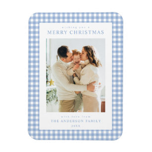 Blauw Gingham Kerst Foto Magneet