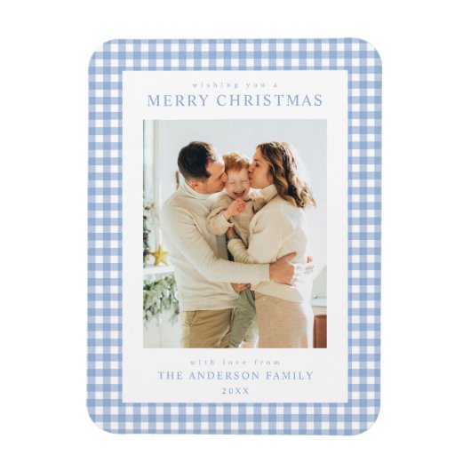 Blauw Gingham Kerst Foto Magneet (Verticaal)