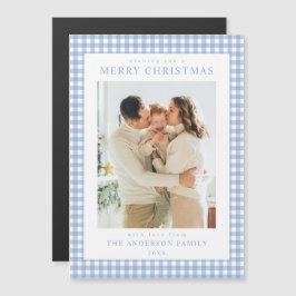 Blauw Gingham Kerst Foto Magnetische Kerstkaart Uitnodiging