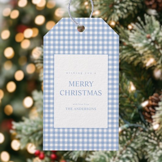 Blauw Gingham Kerstmis Cadeaulabel