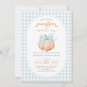 Blauw Gingham Kleine Pompoen Jongen Baby Shower Kaart