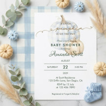 Blauw Gingham Kleine Pompoen Jongen Baby Shower  