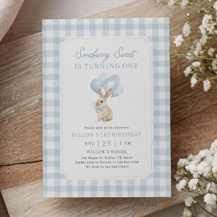 Blauw Gingham Konijn Eerste Verjaardag Kaart