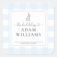 Blauw Gingham Konijn Ex-Libris Sticker