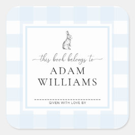 Blauw Gingham Konijn Ex-Libris Sticker