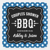Blauw Gingham Koppels Bruiloft BBQ Vierkante Sticker (Voorkant)