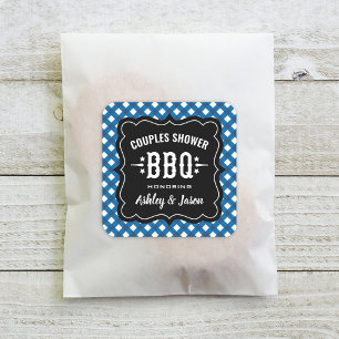 Blauw Gingham Koppels Bruiloft BBQ Vierkante Sticker