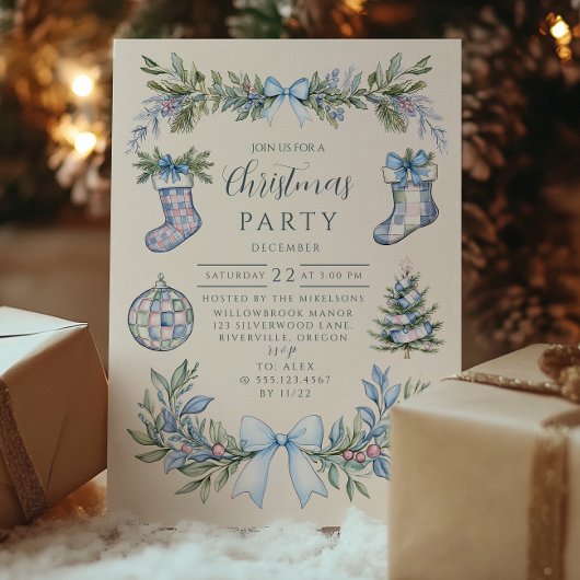 Blauw Gingham Kous Kerstmis Kaart