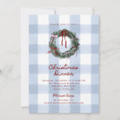 Blauw Gingham Krans Kerst Dinnerfeest Kaart (Voorkant)