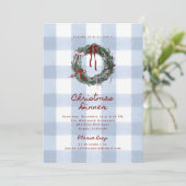 Blauw Gingham Krans Kerst Dinnerfeest Kaart (Staand voorkant)