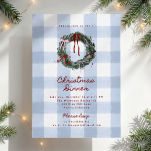 Blauw Gingham Krans Kerst Dinnerfeest Kaart