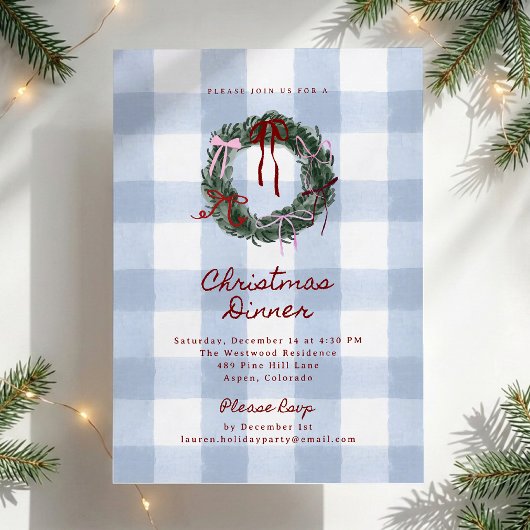 Blauw Gingham Krans Kerst Dinnerfeest Kaart