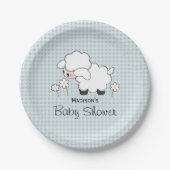 Blauw Gingham Lamb Baby Jongen Douche Papieren Bordje (Voorkant)