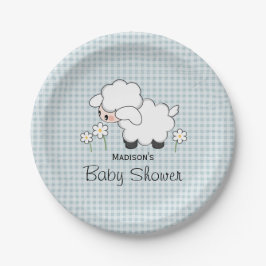 Blauw Gingham Lamb Baby Jongen Douche Papieren Bordje