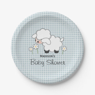 Blauw Gingham Lamb Baby Jongen Douche Papieren Bordje
