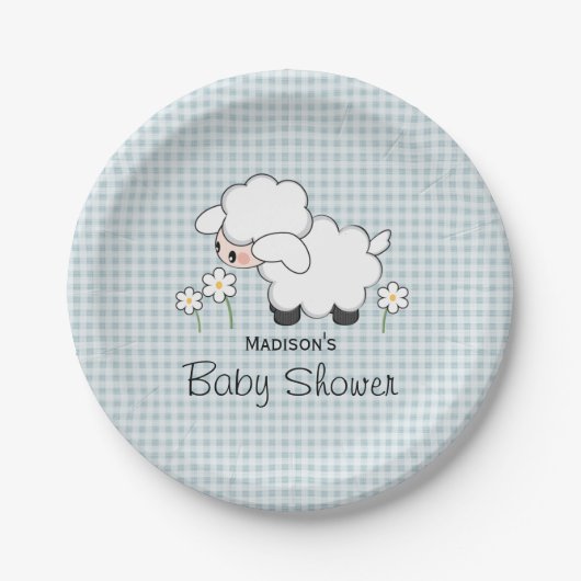 Blauw Gingham Lamb Baby Jongen Douche Papieren Bordje (Voorkant)
