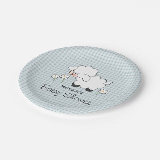 Blauw Gingham Lamb Baby Jongen Douche Papieren Bordje (Gekanteld)