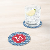Blauw Gingham Land Chic Monogram personaliseren Ronde Kartonnen Onderzetter (Insitu)