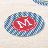 Blauw Gingham Land Chic Monogram personaliseren Ronde Kartonnen Onderzetter (Gebogen)