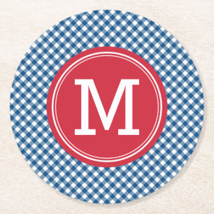Blauw Gingham Land Chic Monogram personaliseren Ronde Kartonnen Onderzetter