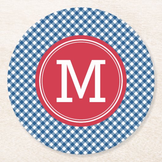Blauw Gingham Land Chic Monogram personaliseren Ronde Kartonnen Onderzetter (Voorkant)