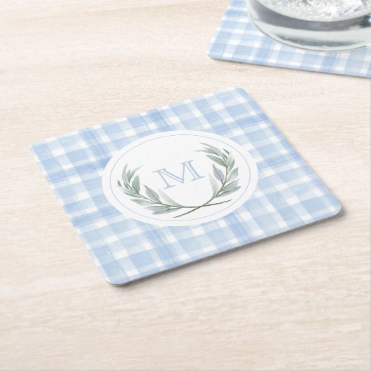 Blauw Gingham Laurel Crest papier Kartonnen Onderzetters (Schuin)