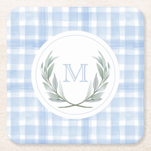 Blauw Gingham Laurel Crest papier Kartonnen Onderzetters (Voorkant)