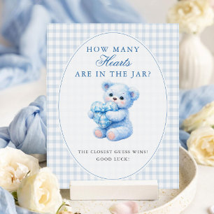 Blauw Gingham Lint Hart Teddybeer Baby Shower Poster