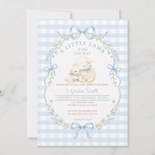Blauw Gingham Little Lamb Baby Shower Uitnodiging (Voorkant)