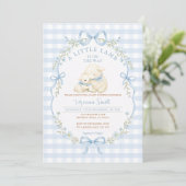 Blauw Gingham Little Lamb Baby Shower Uitnodiging (Staand voorkant)