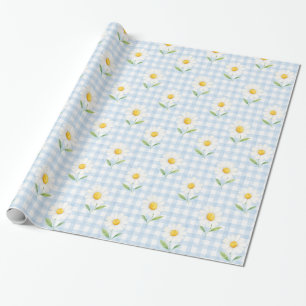 Blauw Gingham Madeliefje Watercolor Bloemengiftver Cadeaupapier