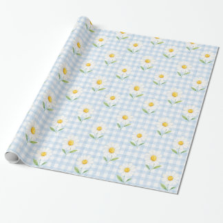 Blauw Gingham Madeliefje Watercolor Bloemengiftver Cadeaupapier