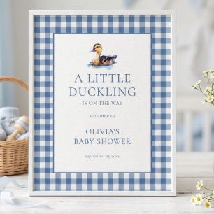 Blauw Gingham Mallard Eend Welkom bij Baby Shower Poster