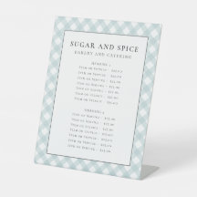 Blauw gingham menu, productlijst, servicelijst