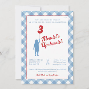 Blauw Gingham met Rode Ballon Upsherin Foto Uitnod Kaart