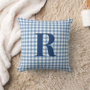 Blauw Gingham Modern Monogram Kussen