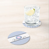 Blauw Gingham Monogram Ronde Kartonnen Onderzetter (Insitu)