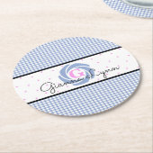 Blauw Gingham Monogram Ronde Kartonnen Onderzetter (Gebogen)