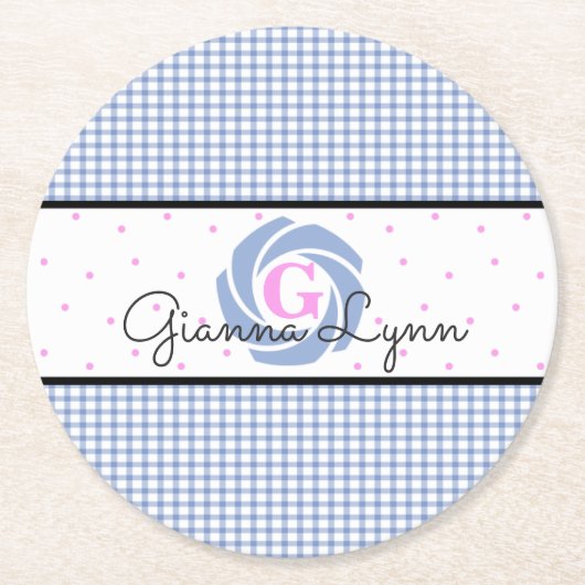 Blauw Gingham Monogram Ronde Kartonnen Onderzetter (Voorkant)
