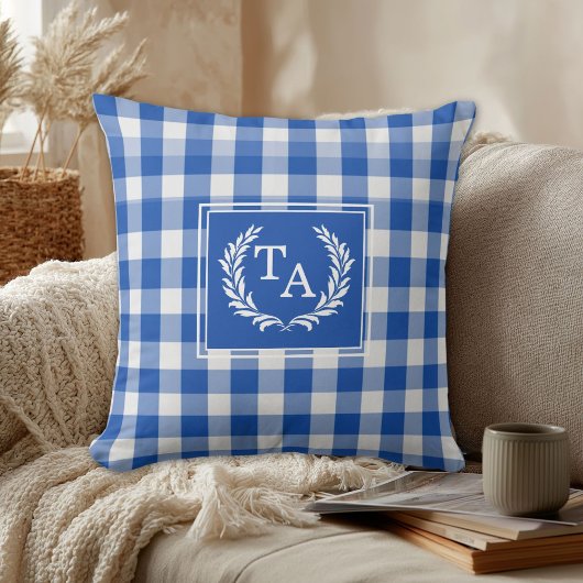 Blauw Gingham Monogram Wapenschild Kussen