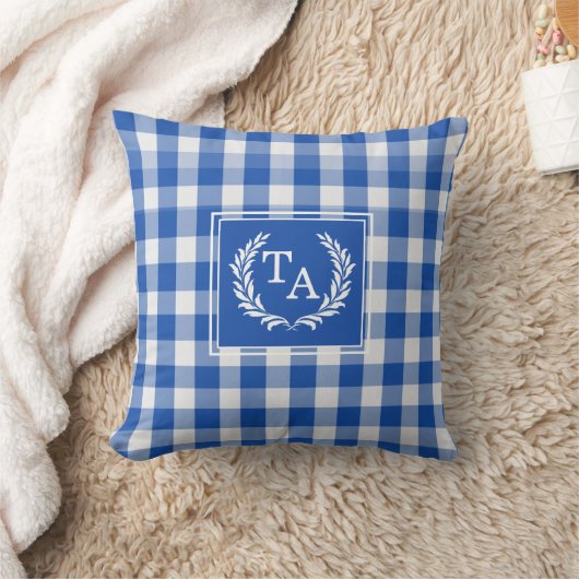 Blauw Gingham Monogram Wapenschild Kussen (Deken)