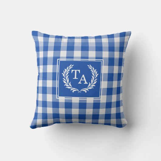 Blauw Gingham Monogram Wapenschild Kussen (Achterkant)