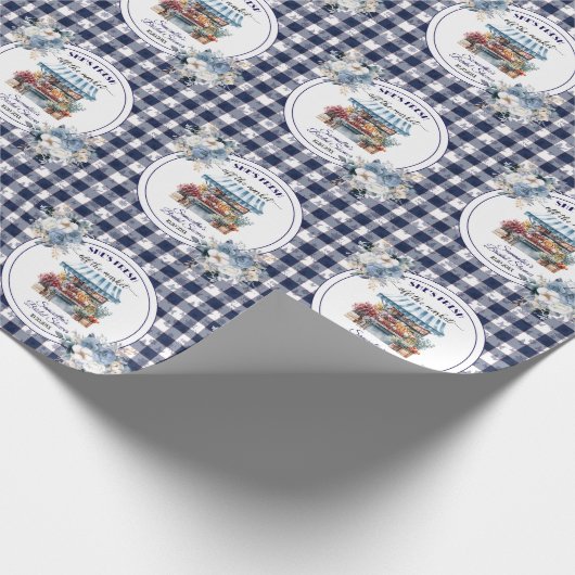 Blauw Gingham Niet Meer Te Koop Bruiloft bloemige  Cadeaupapier (Hoek)