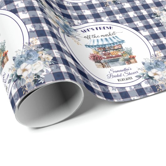 Blauw Gingham Niet Meer Te Koop Bruiloft bloemige  Cadeaupapier (Rol Hoek)